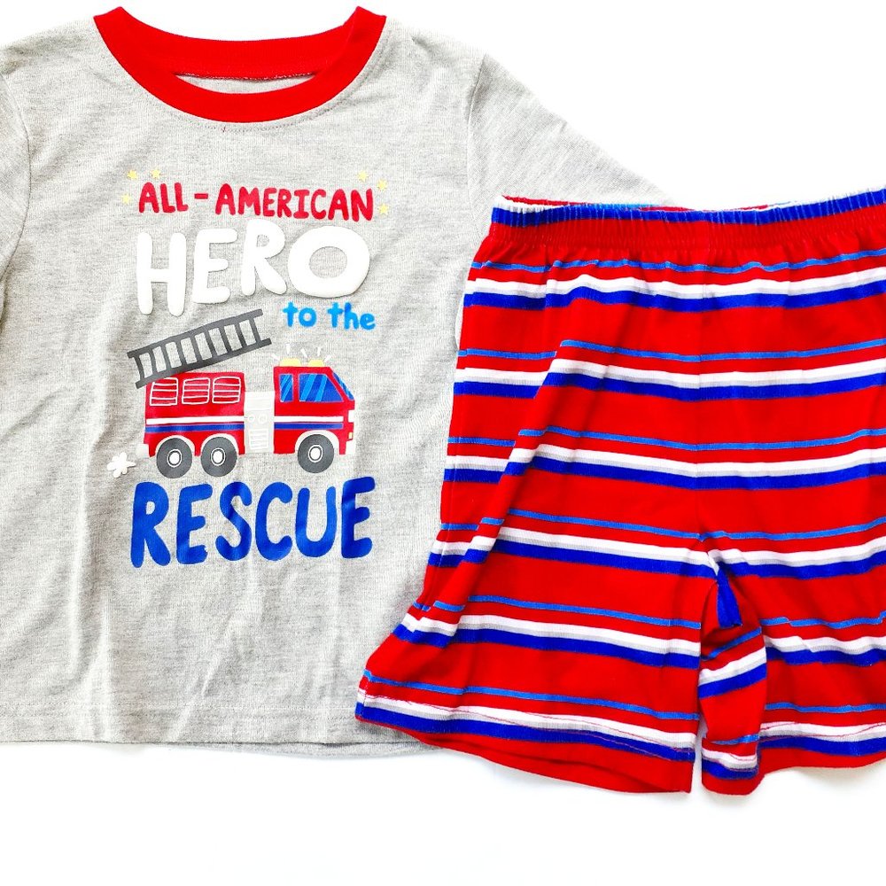 Jumping Beans Pajamas 2 Piece Fire Truck Shorts Gray Red Stripe Boys Size 4T